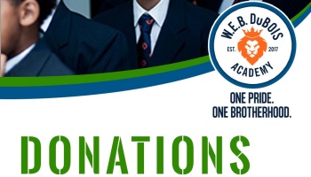 W.E.B. DuBois Academy donation graphic with school logo, slogan "One Pride. One Brotherhood.", and text DONATIONS.