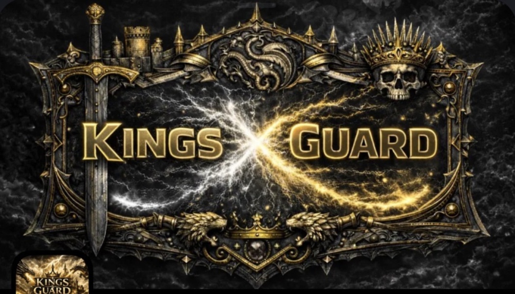 Ornate dark fantasy banner for Kings Guard with golden text, a sword, crowned skull, dragon crest, and lightning.