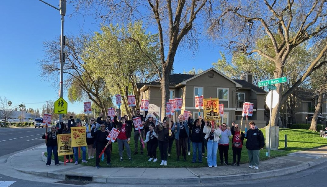 Demonstrators rally on a grassy street corner, holding up red strike signs in support of students.