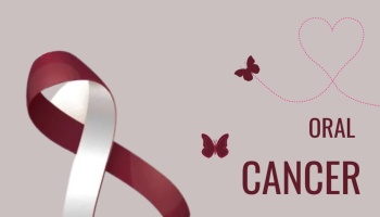 Burgundy and white awareness ribbon beside butterflies and text reading ORAL CANCER.