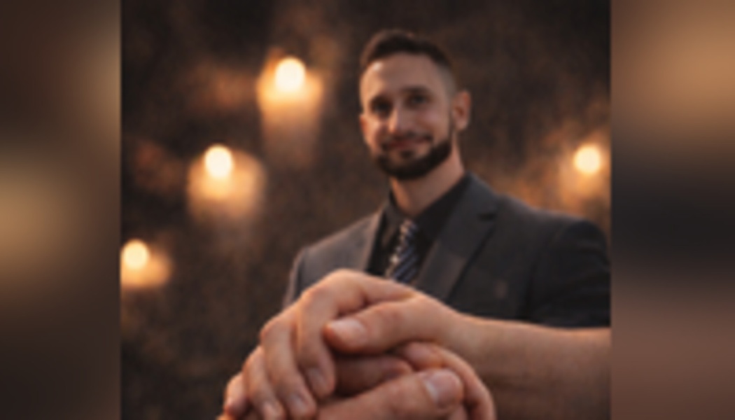 Close-up of stacked hands in unity with a smiling man in a suit looking on in the background.