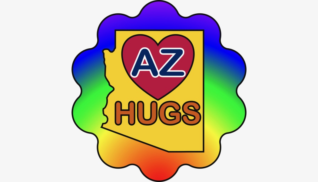 AZ Hugs logo featuring a yellow Arizona state map with a red heart and "AZ HUGS" text inside a rainbow border.