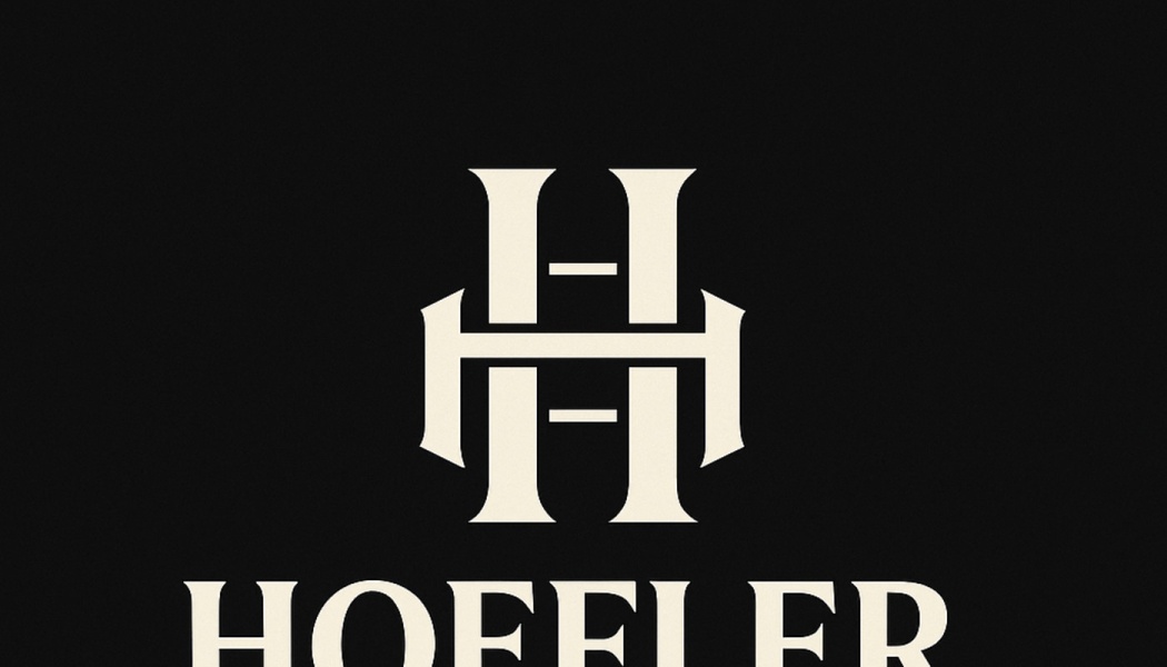 Interlocking H monogram logo in off-white above serif text on a black background.