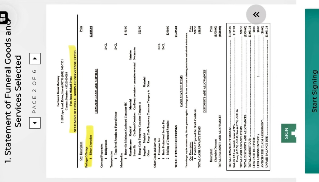 Itemized funeral goods and services statement showing cremation costs totaling $3,091.33.