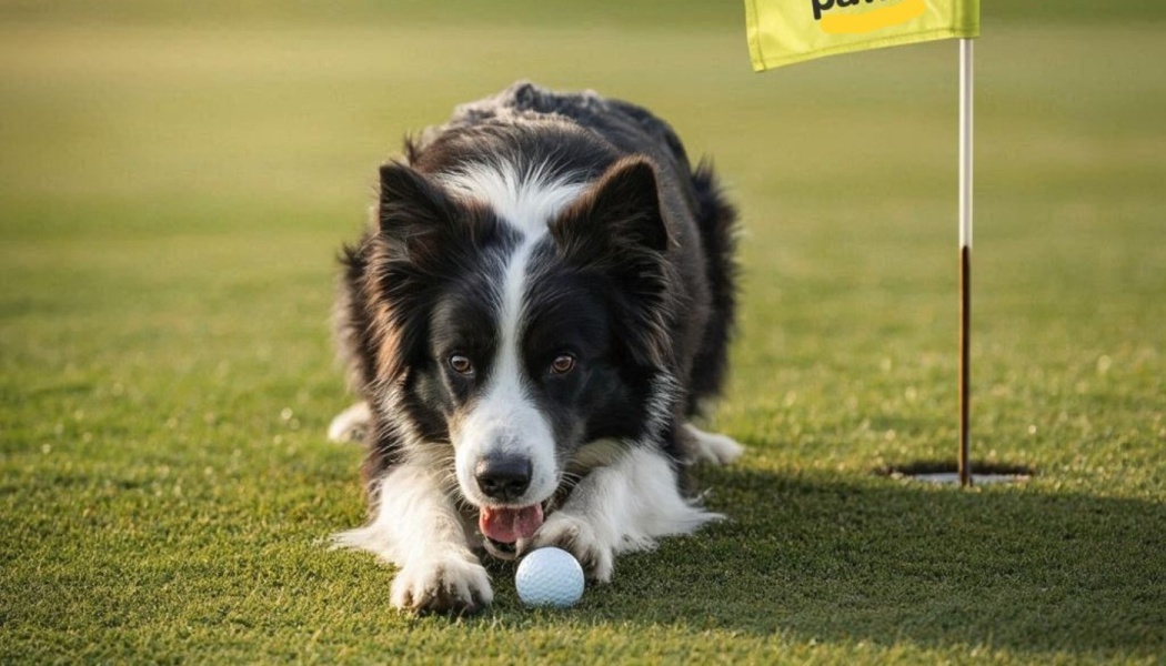 A Border Collie crouches on a golf green, holding a golf ball between its paws near a yellow flag pin.