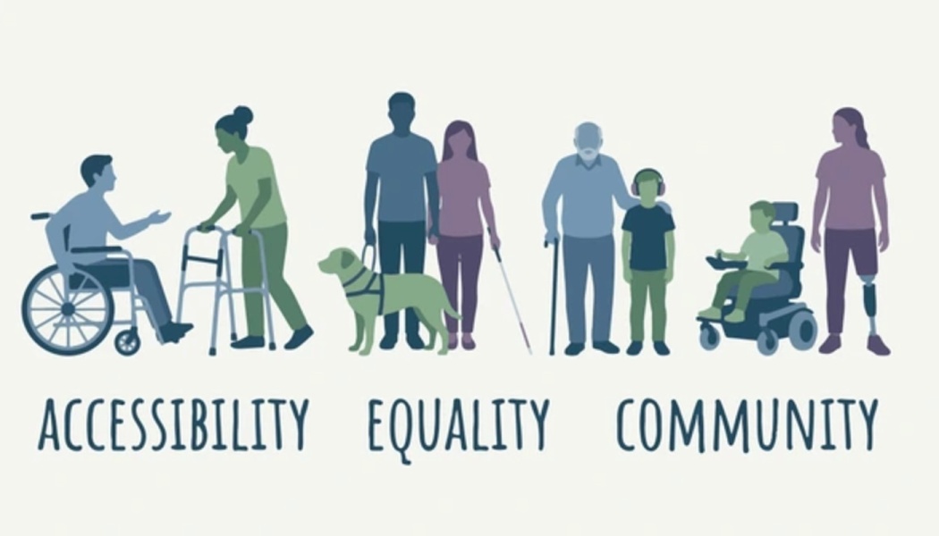 Silhouettes of diverse people with disabilities above text reading "ACCESSIBILITY EQUALITY COMMUNITY".