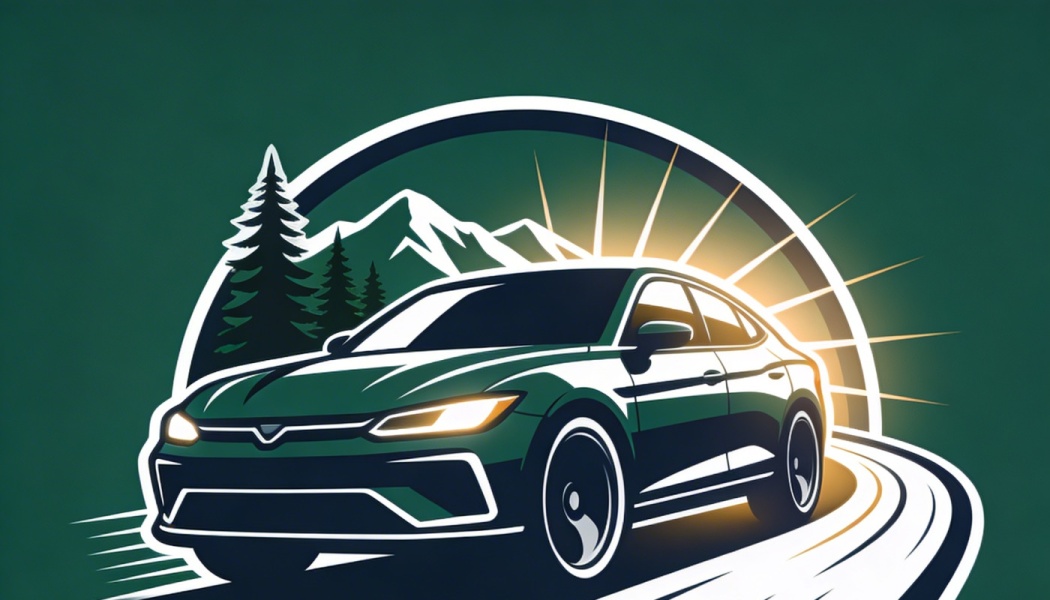 Graphic emblem of a green car driving on a road with mountains, pine trees, and a rising sun background.