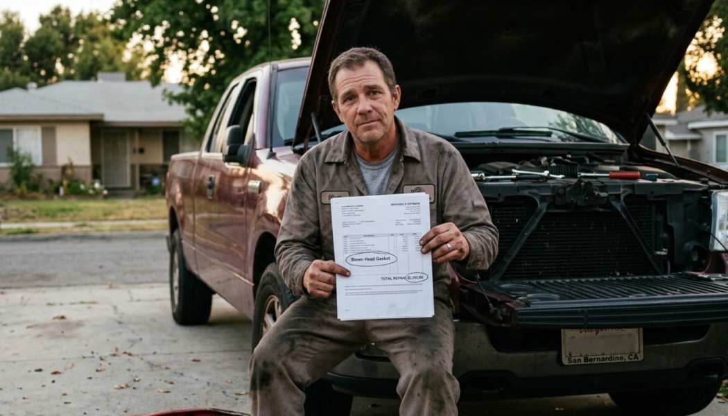 A man sitting in front of his open-hood pickup truck holds an expensive mechanic's estimate for a blown head gasket.
