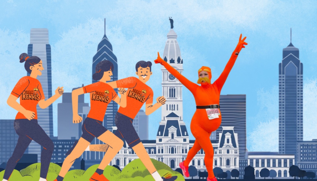 Illustrated runners in orange shirts and a person in a Lorax costume in front of the Philadelphia skyline.