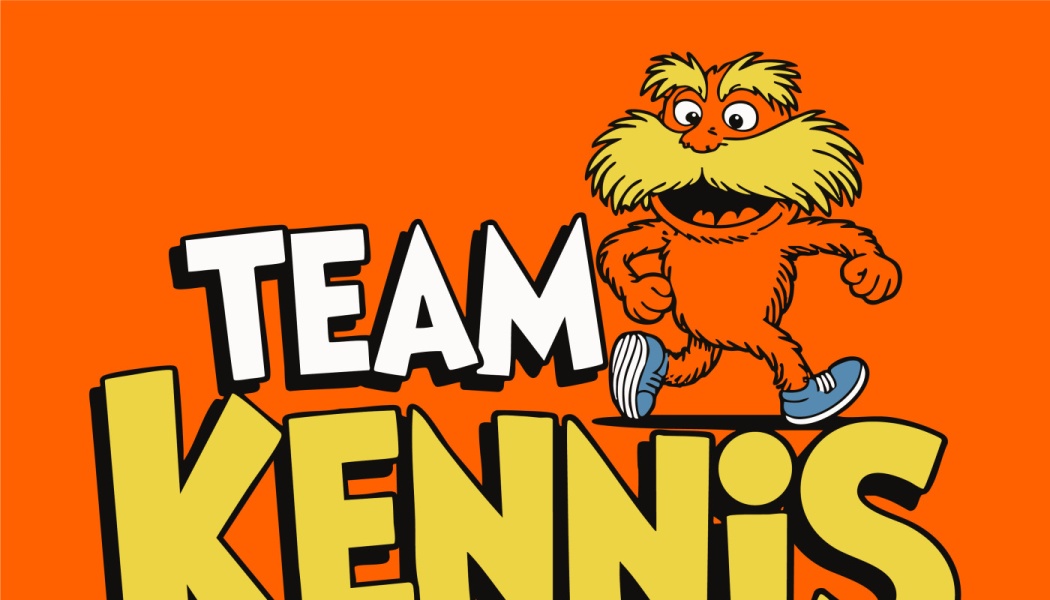 The Lorax running in blue sneakers above bold text reading "TEAM KENNIS" on an orange background.