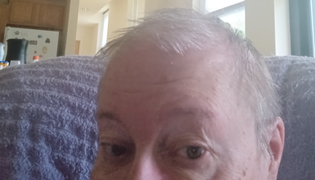 Close-up selfie of an older man with short grey hair resting against a plush purple blanket.
