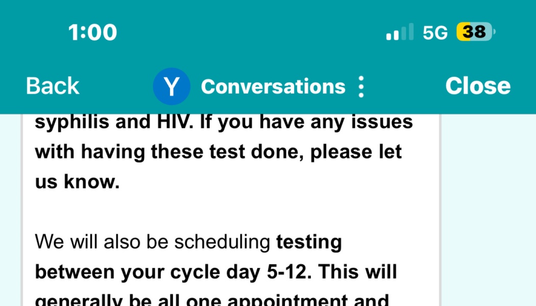 Screenshot of a medical portal message discussing syphilis, HIV, and cycle day 5-12 testing.
