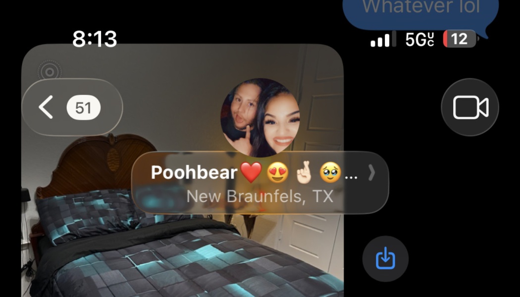 Smartphone screenshot showing a contact card for Poohbear in New Braunfels, TX overlaid on a bedroom background.