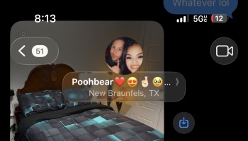 Smartphone screenshot showing a contact card for Poohbear in New Braunfels, TX overlaid on a bedroom background.