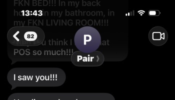 Screenshot of a dark mode text message thread showing an angry message reading "I saw you!!!" from a contact.