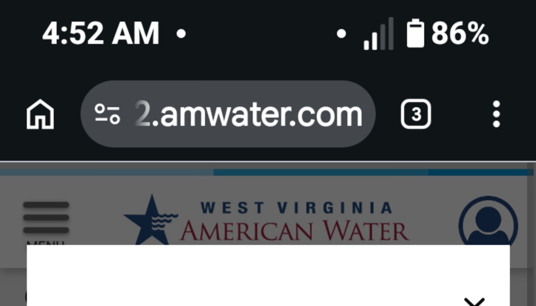 Mobile browser screenshot showing the URL 2.amwater.com and the West Virginia American Water logo.