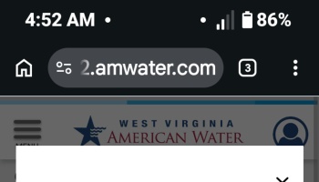 Mobile browser screenshot showing the URL 2.amwater.com and the West Virginia American Water logo.