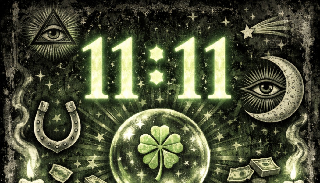 Glowing green 11:11 surrounded by mystical luck symbols, including a four-leaf clover, crescent moon, eye, and horseshoe.