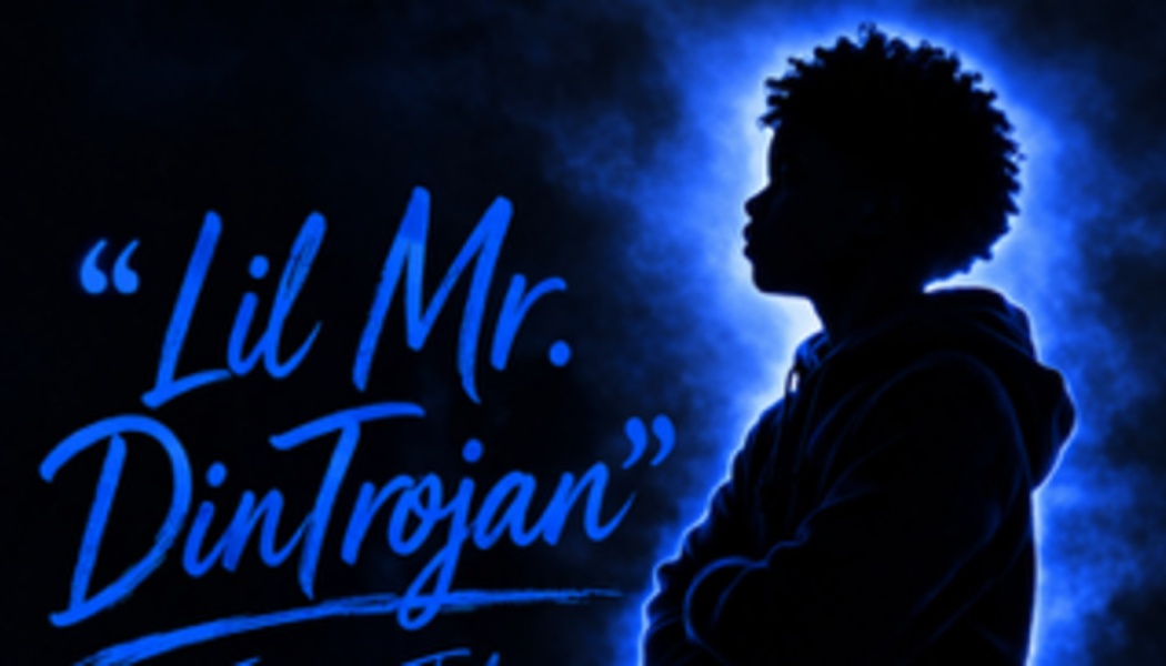 Silhouette profile of a boy backlit with a blue glow beside bright blue script reading "Lil Mr. DinTrojan".