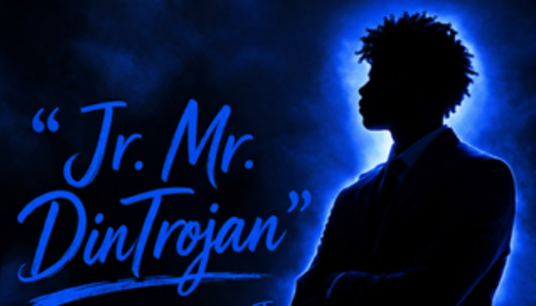 Backlit silhouette of a young man in a suit next to blue script text reading "Jr. Mr. DinTrojan."