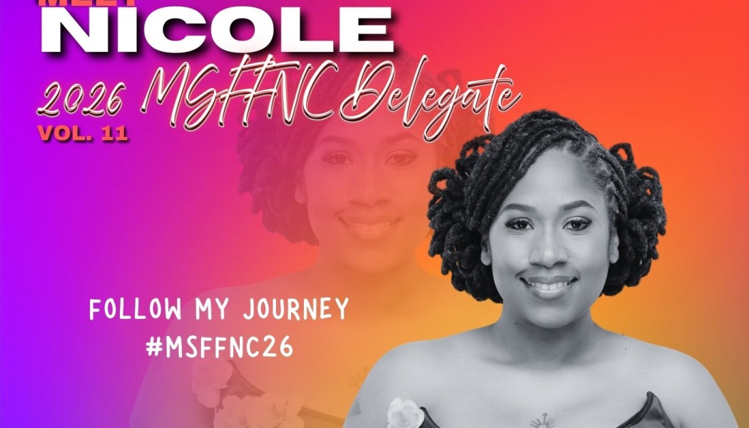 Promotional graphic for Nicole, a 2026 MSFFNC Delegate, featuring her smiling portrait on a bright gradient backdrop.