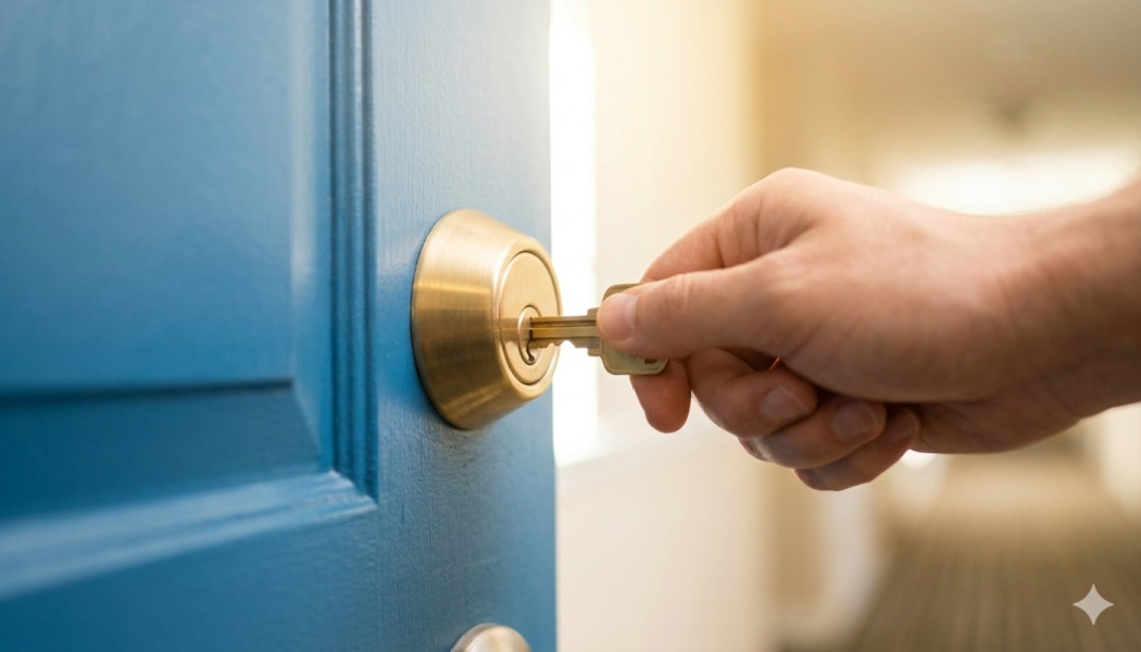 A hand inserting a brass key into the lock of a blue door.