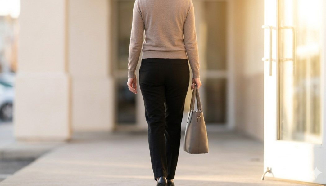 Woman in a beige sweater and black trousers carrying a handbag as she walks along a sunlit outdoor walkway.