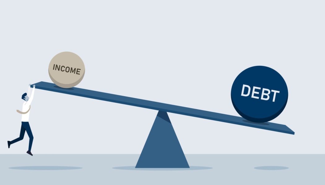 A man struggles to balance a seesaw weighed down by a large DEBT sphere against a smaller INCOME sphere.