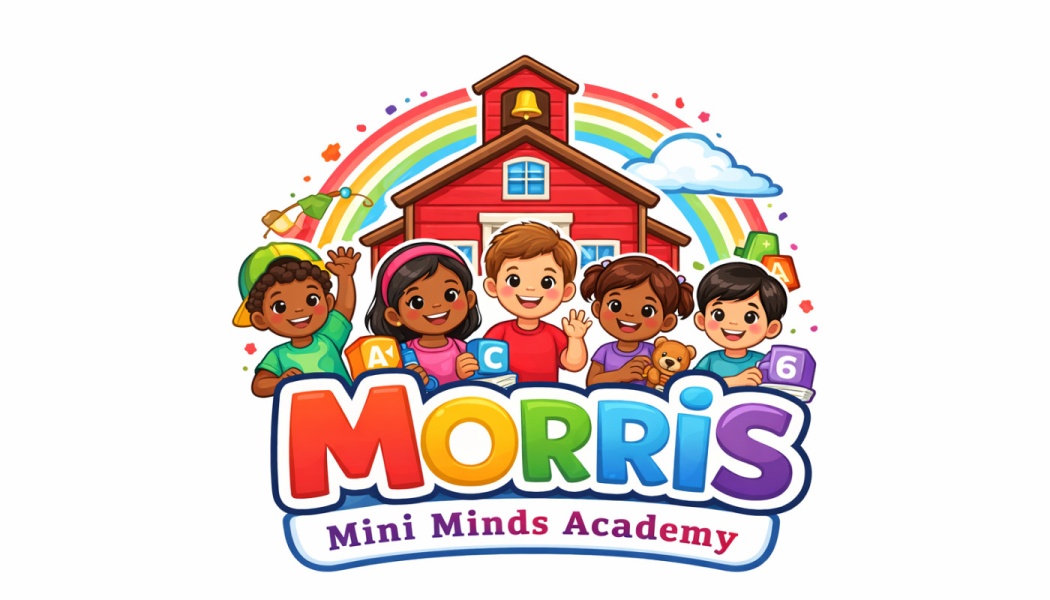 Morris Mini Minds Academy logo with five cartoon children in front of a red schoolhouse under a rainbow.