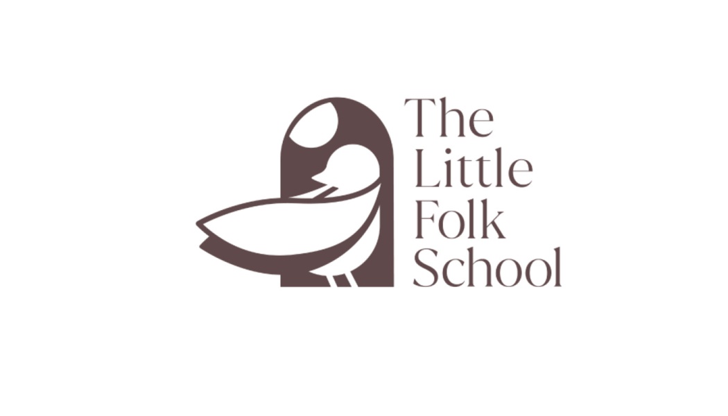 Logo for The Little Folk School featuring a stylized bird graphic inside an arch next to brown serif text.