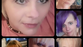 Collage of selfies showing a woman with different hair colors and styles, including purple, blonde, and auburn.