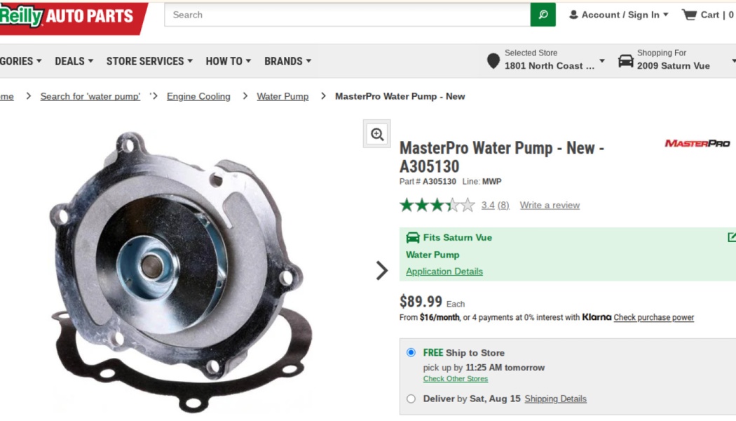 Online listing for a MasterPro water pump priced at $89.99, showing the metal automotive part and gasket.