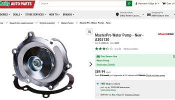 Online listing for a MasterPro water pump priced at $89.99, showing the metal automotive part and gasket.