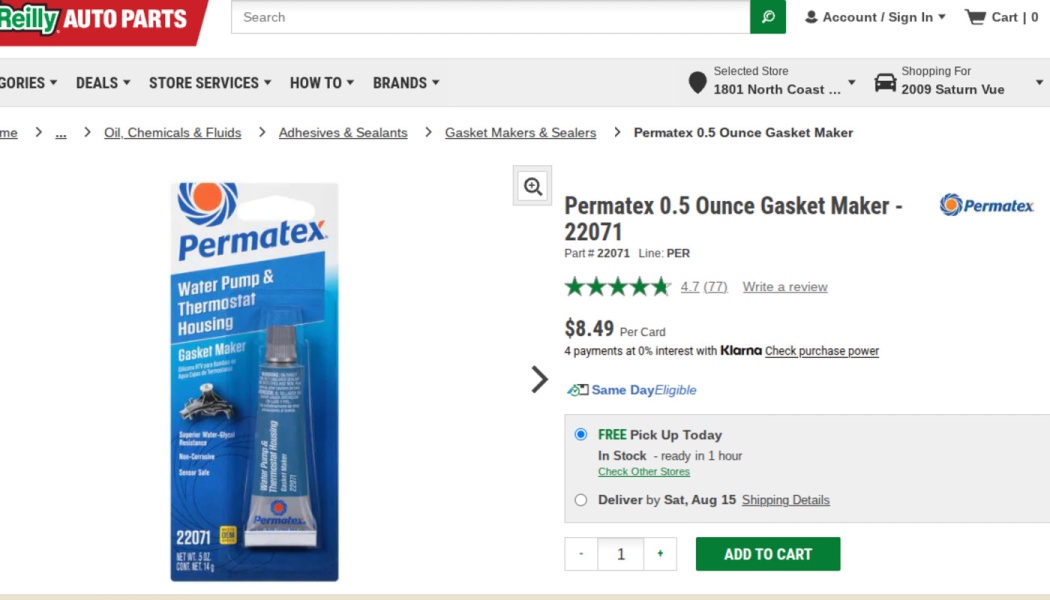 Online product listing for Permatex 0.5 Ounce Gasket Maker priced at $8.49.