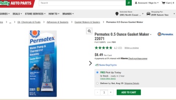 Online product listing for Permatex 0.5 Ounce Gasket Maker priced at $8.49.