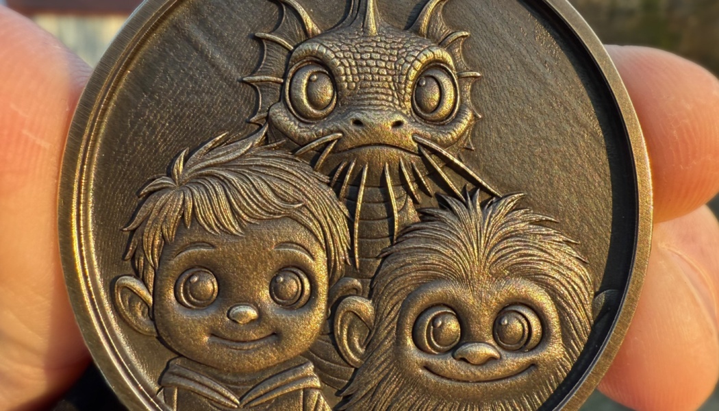 Bronze coin featuring detailed 3D relief carvings of a young boy, a furry creature, and a dragon.