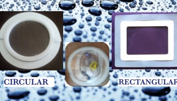 Circular and rectangular waterproof adhesive dressings, including an example applied over a wound on skin.
