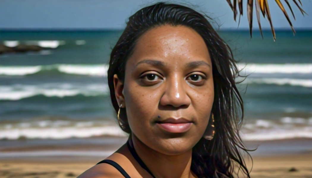 Close-up portrait of a dark-haired woman on a tropical beach with ocean waves in the background.