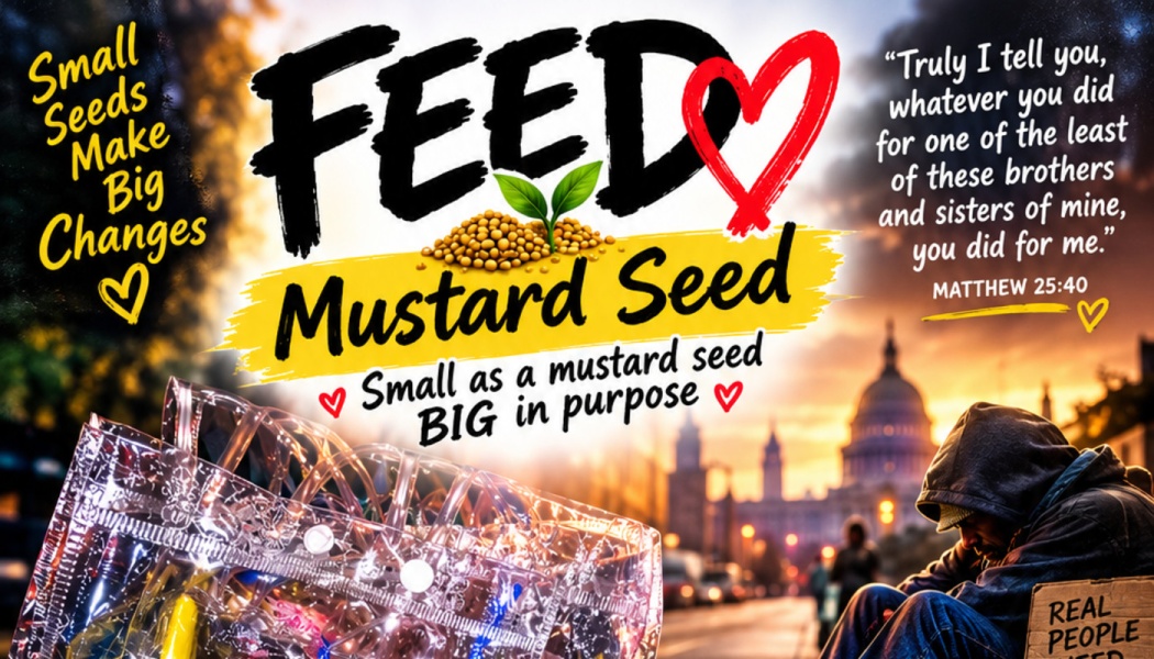 FEED Mustard Seed campaign graphic with a homeless person on a city street, supplies, and Matthew 25:40 quote.