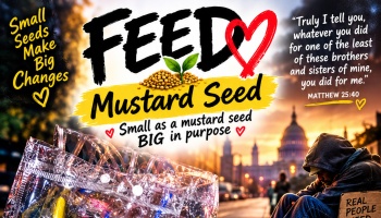 FEED Mustard Seed campaign graphic with a homeless person on a city street, supplies, and Matthew 25:40 quote.