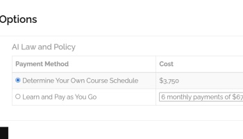 Payment options for AI Law and Policy course: $3,750 upfront or pay-as-you-go monthly payments.