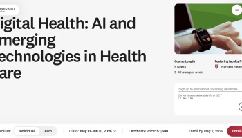 Harvard Online course page titled Digital Health: AI and Emerging Technologies in Health Care.