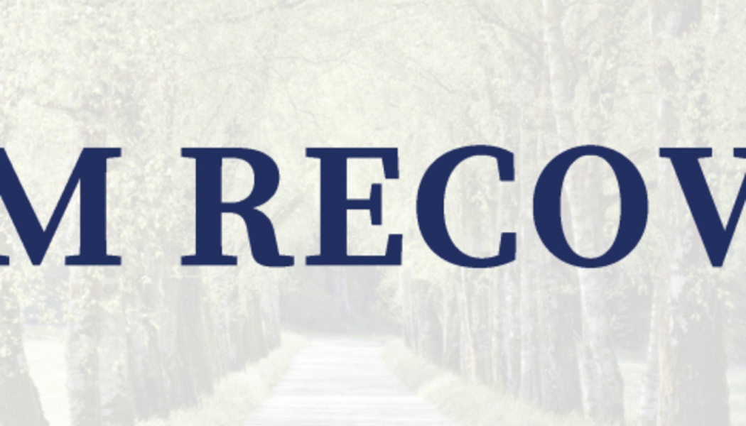 Dark blue text reading "M RECOV" overlaid on a bright, faded tree-lined path.