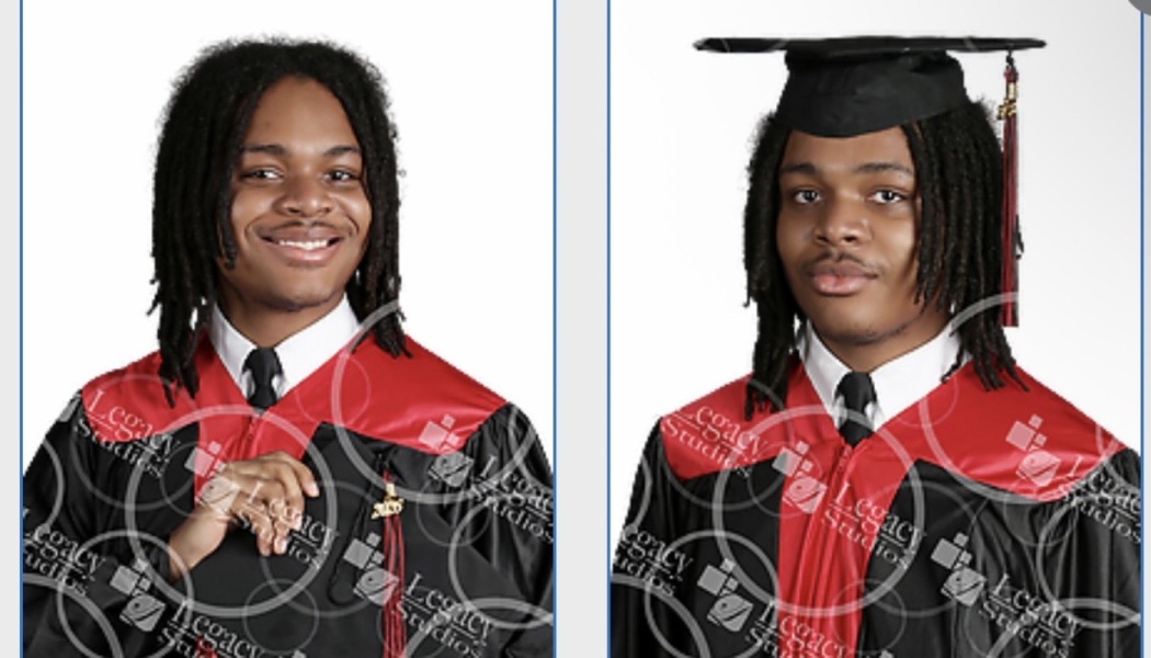 Side-by-side graduation portraits of a young man with dreadlocks in a black and red graduation cap and gown.