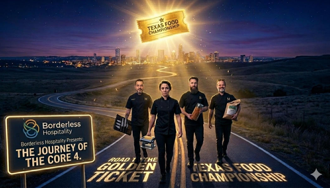 Four chefs walk down a road toward a city skyline beneath a glowing Texas Food Championship golden ticket.