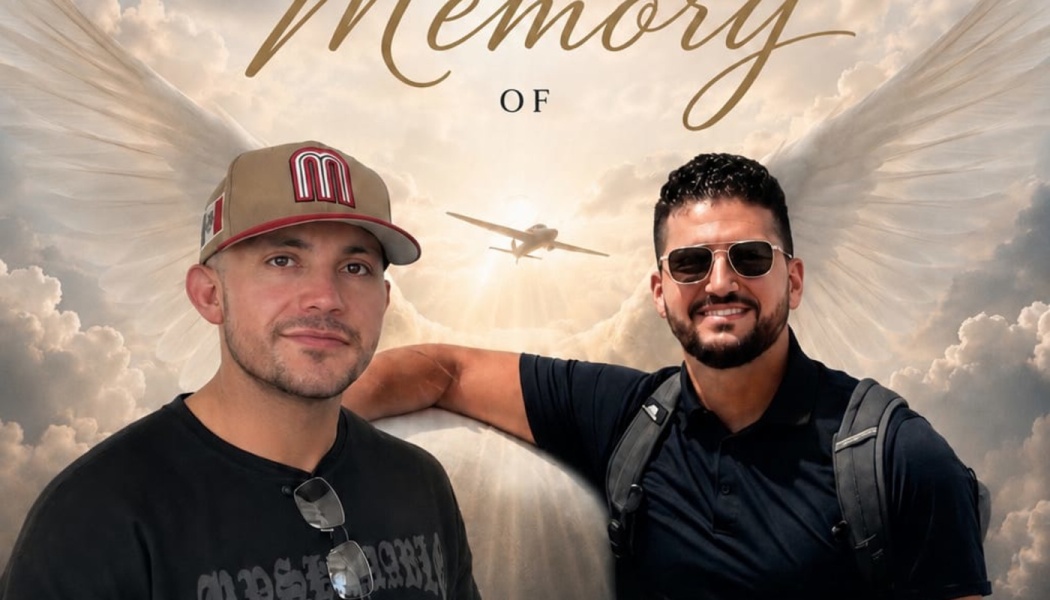 Memorial graphic featuring two men with angel wings, framed by clouds, an airplane, and text reading "Memory OF".