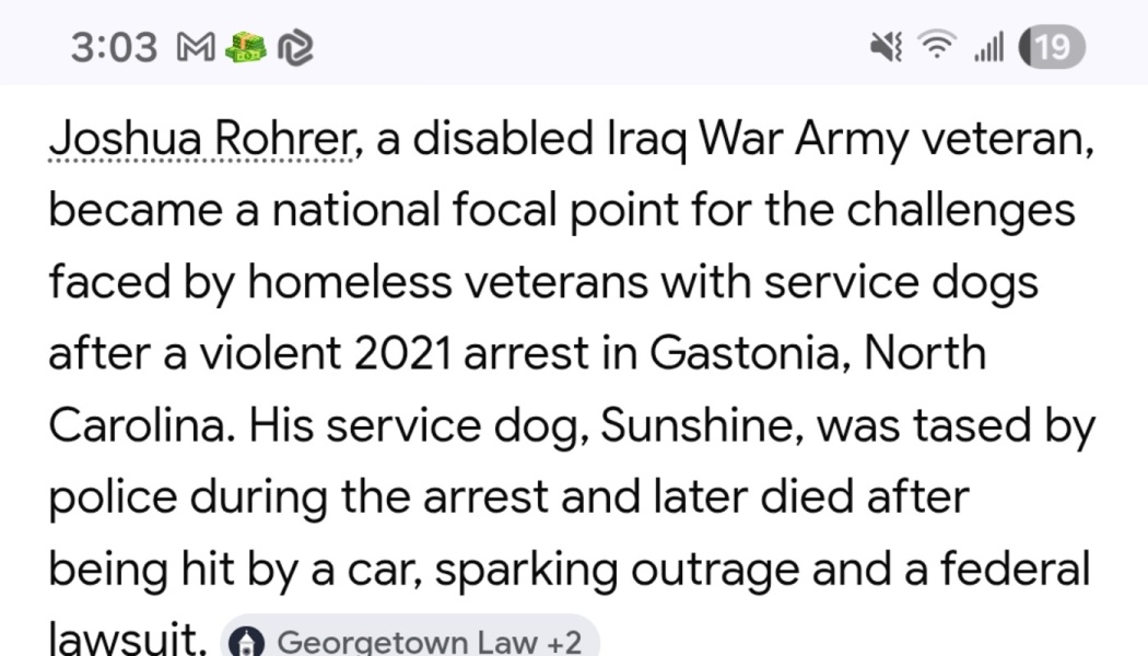 Text about disabled Iraq War veteran Joshua Rohrer, whose service dog Sunshine was tased during a 2021 arrest.