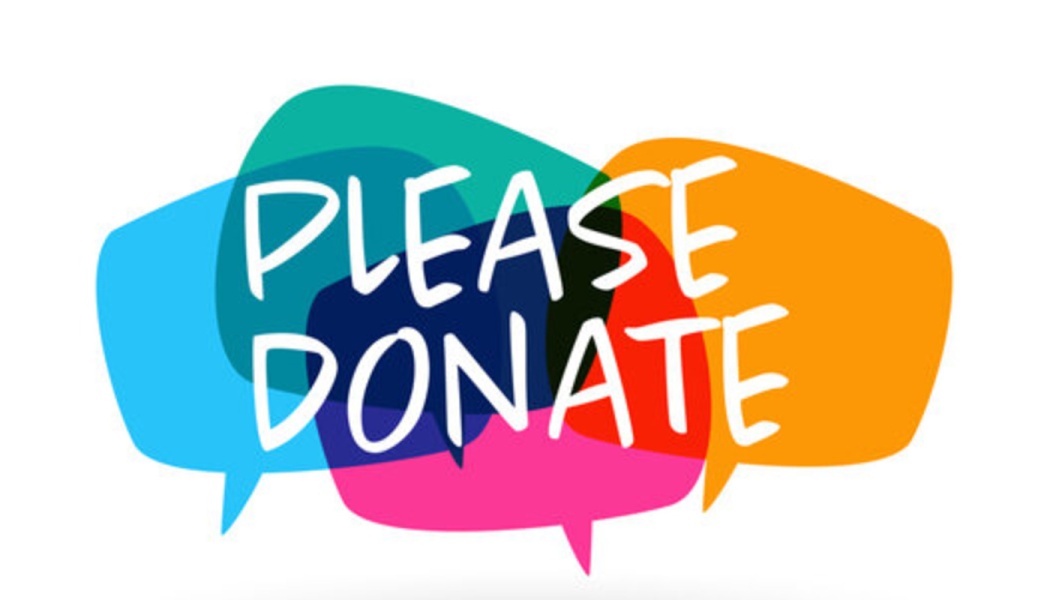 Colorful overlapping speech bubbles with white handwritten text reading "PLEASE DONATE."