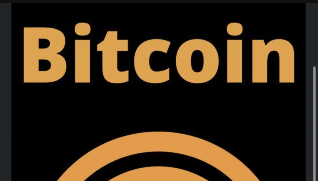 Bold gold text reading "Bitcoin" above concentric curved arches on a black background.