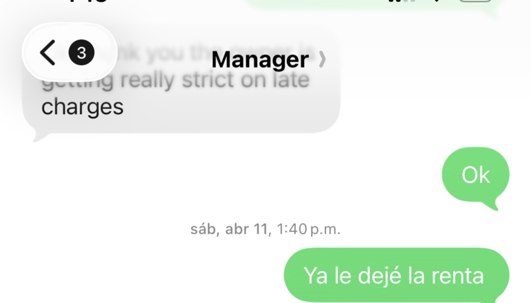 Text messages with a manager warning about strict late charges and a tenant confirming rent payment.